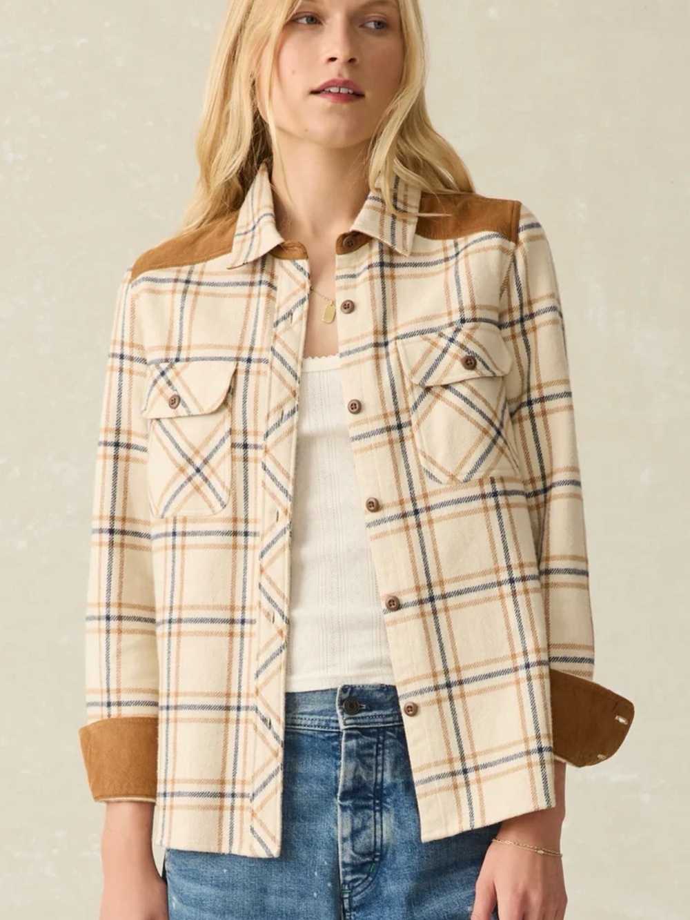 Faherty Daly Plaid Flannel Shacket Corduroy Elbow Patch Small NWOT Equestrian